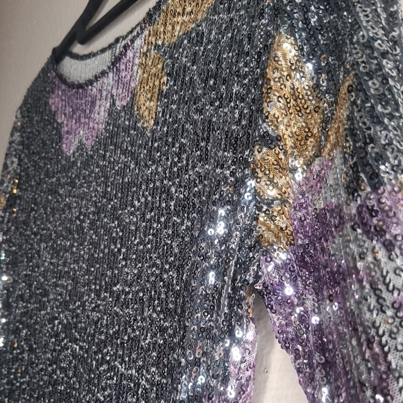 Free People Intimately Gold Rush Black Purple Long Sleeve Floral Sequin Size M - Picture 8 of 16
